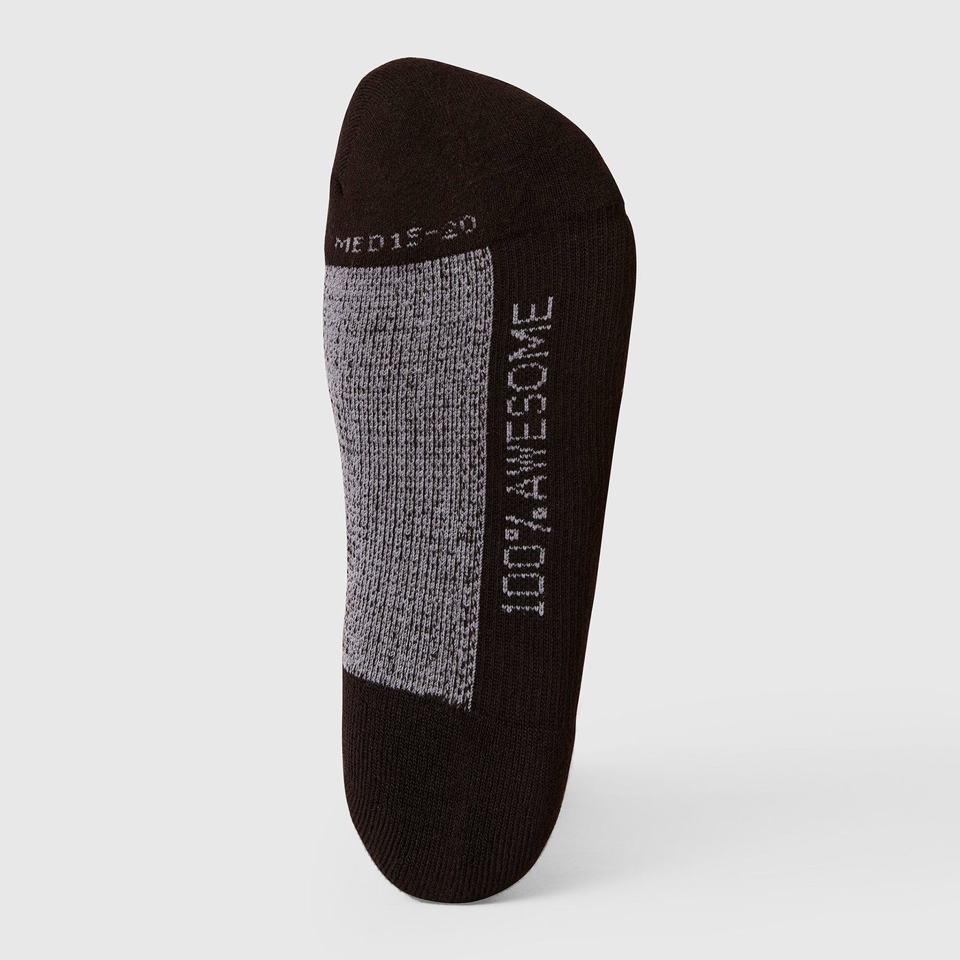 Black sock with gray heel and '100% Awesome' text on a white background